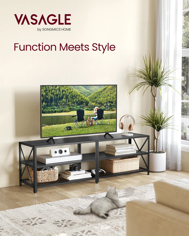 TV Stand, TV Console for TVs Up to 70 Inches, TV Table, 63 Inches Width, TV Cabinet with Storage Shelves, Steel Frame, for Living Room, Bedroom, Black with Wood Grain