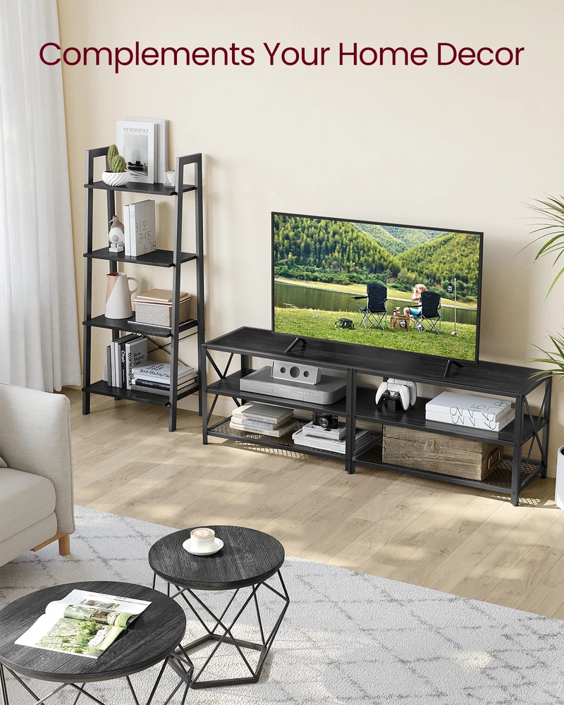 TV Stand, TV Console for TVs Up to 70 Inches, TV Table, 63 Inches Width, TV Cabinet with Storage Shelves, Steel Frame, for Living Room, Bedroom, Black with Wood Grain