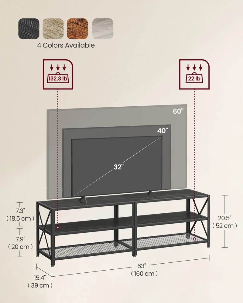 TV Stand, TV Console for TVs Up to 70 Inches, TV Table, 63 Inches Width, TV Cabinet with Storage Shelves, Steel Frame, for Living Room, Bedroom, Black with Wood Grain