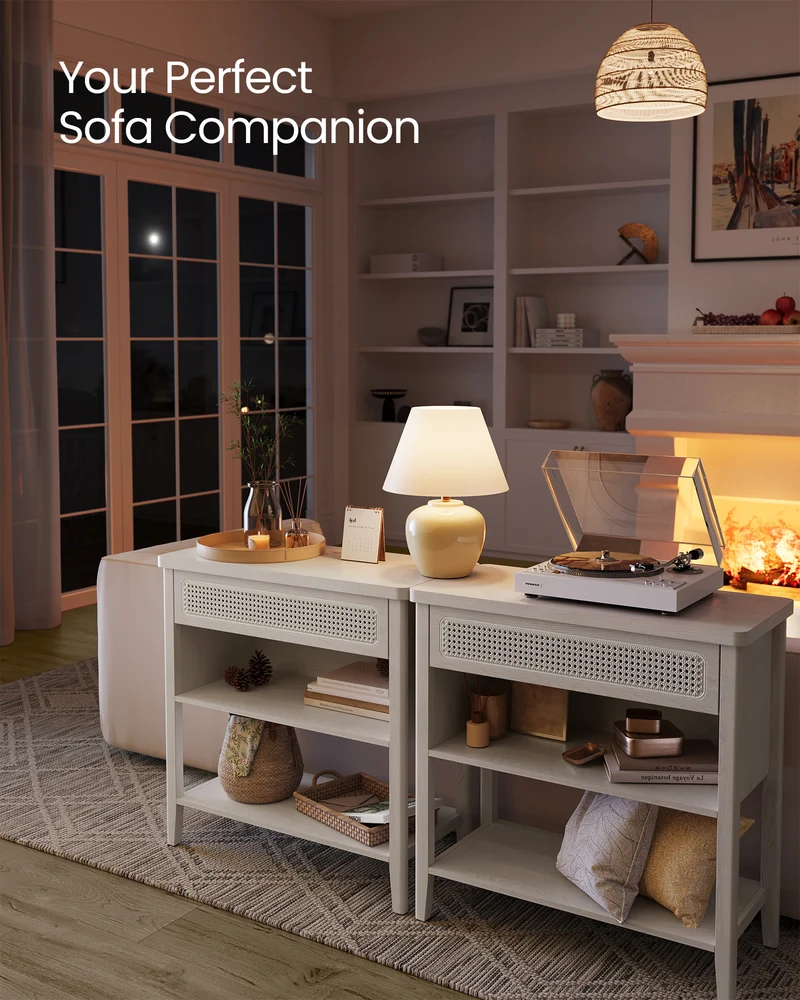 Console Table with Power Outlets, Entryway Table with Storage Shelf, Sofa Table with Drawer, Open Compartment, Rounded Corners, for Living Room, Boho Style, Oatmeal Beige