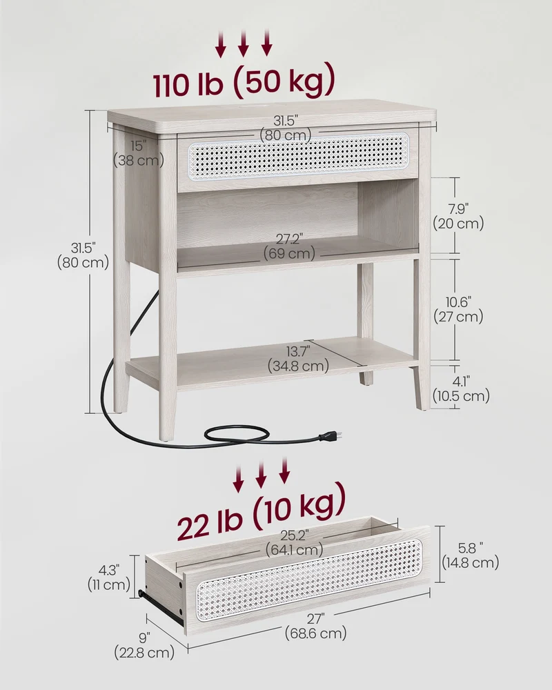 Console Table with Power Outlets, Entryway Table with Storage Shelf, Sofa Table with Drawer, Open Compartment, Rounded Corners, for Living Room, Boho Style, Oatmeal Beige
