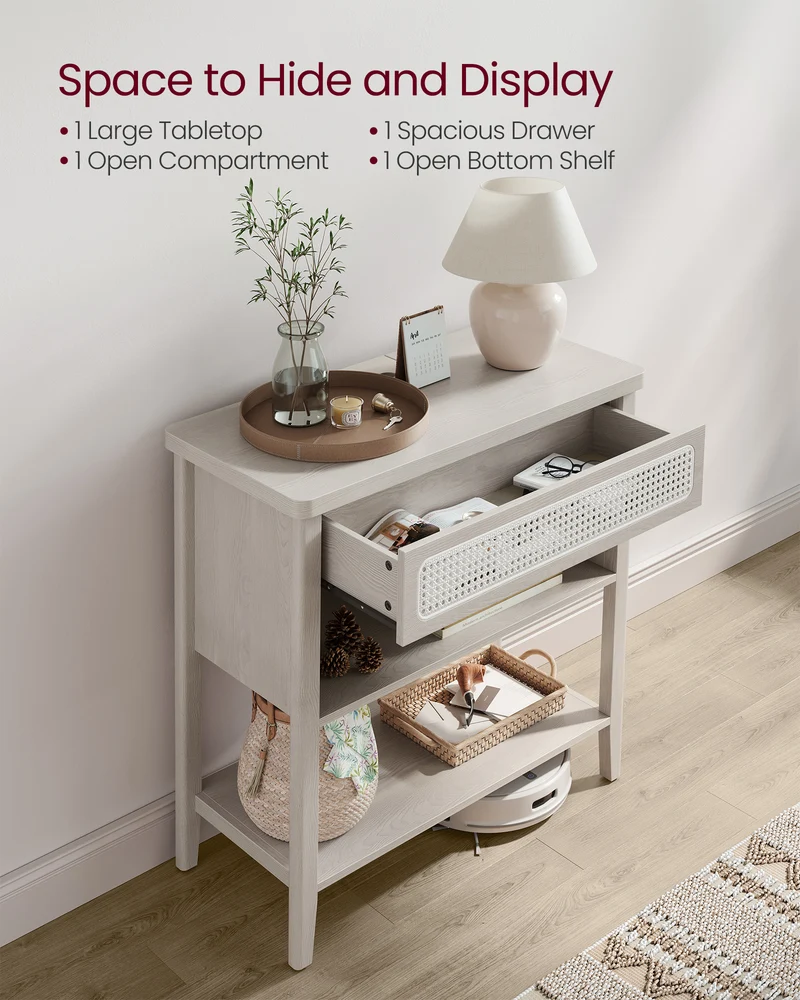 Console Table with Power Outlets, Entryway Table with Storage Shelf, Sofa Table with Drawer, Open Compartment, Rounded Corners, for Living Room, Boho Style, Oatmeal Beige