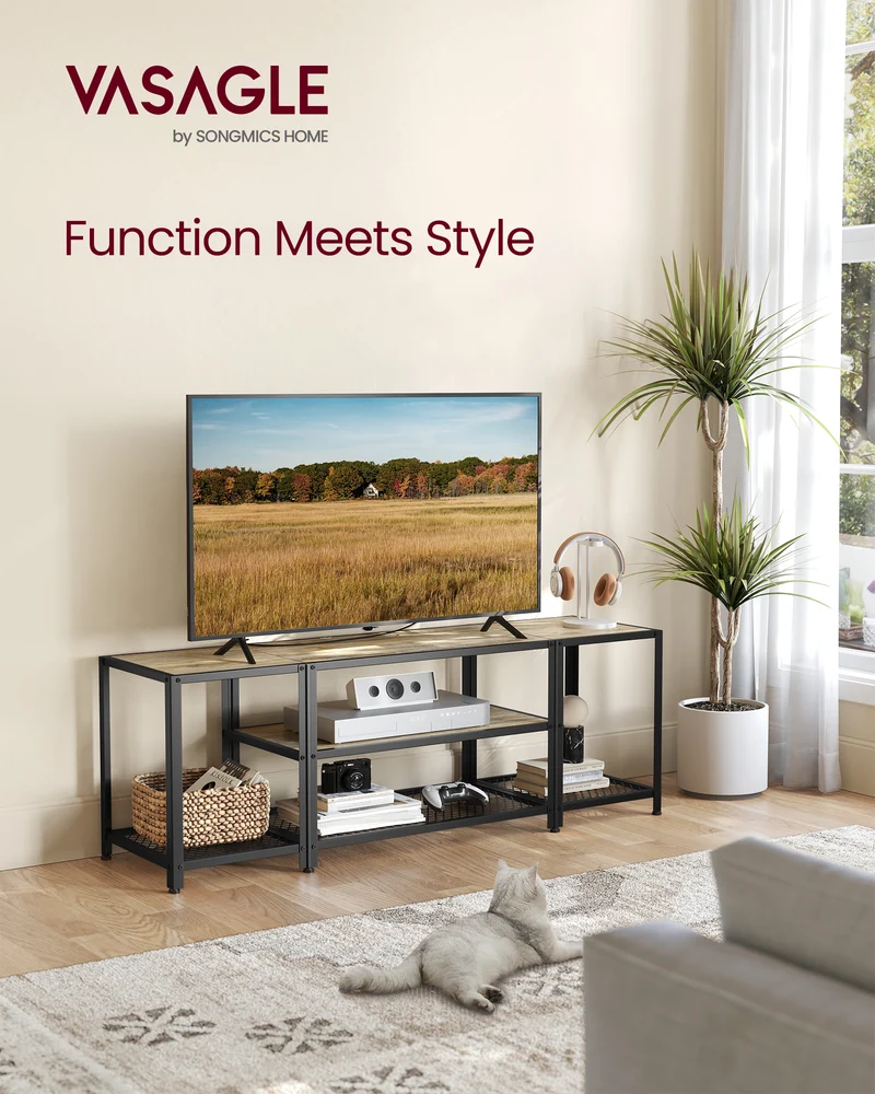 Modern TV Stand for TVs up to 65 Inches, 3-Tier Entertainment Center, Industrial TV Console Table with Open Storage Shelves, for Living Room, Bedroom, Turquoise Brown and Black