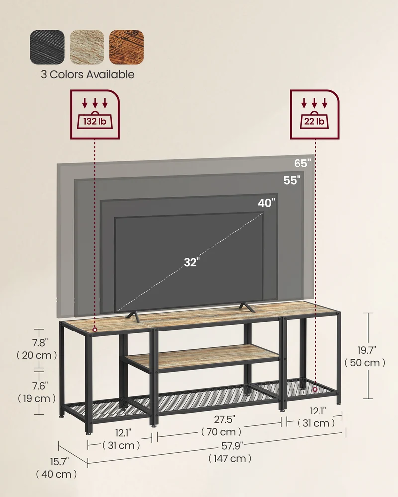 Modern TV Stand for TVs up to 65 Inches, 3-Tier Entertainment Center, Industrial TV Console Table with Open Storage Shelves, for Living Room, Bedroom, Turquoise Brown and Black