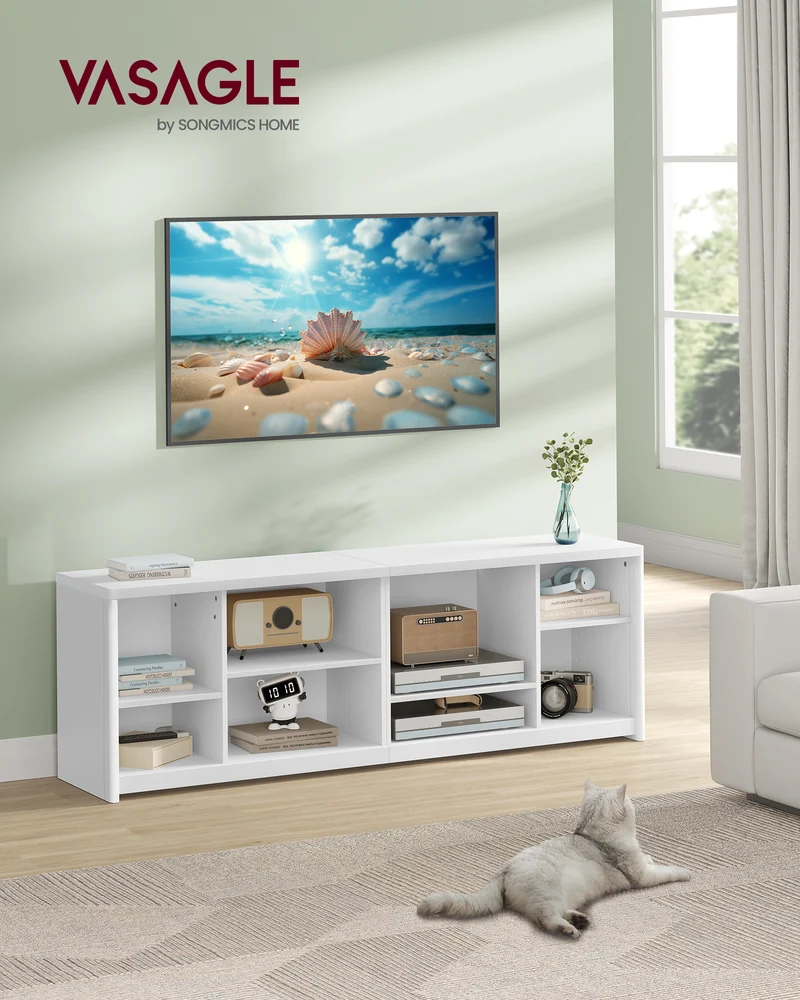 TV Stand for TVs up to 75 Inches, Entertainment Center with Storage Shelves, TV Console Table, Easy to Assemble, TV Cabinet for Living Room, Bedroom, Cloud White