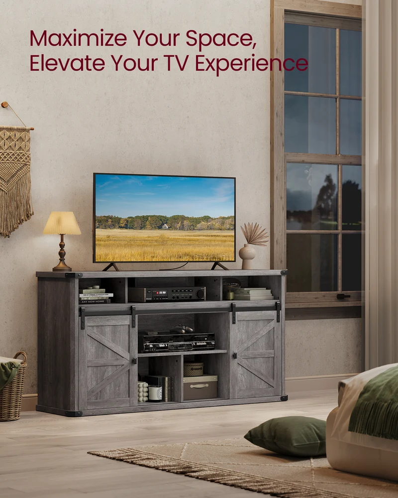 TV Stand for TVs up to 65 Inches, Farmhouse Entertainment Center with Sliding Barn Doors, TV Console Table for Living Room, Misty Gray
