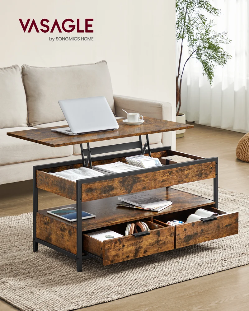 Lift Top Coffee Table with Storage Drawers, Coffee Table for Living Room with Lifting Top, Hidden Compartments and Open Shelf, Rustic Brown and Ink Black