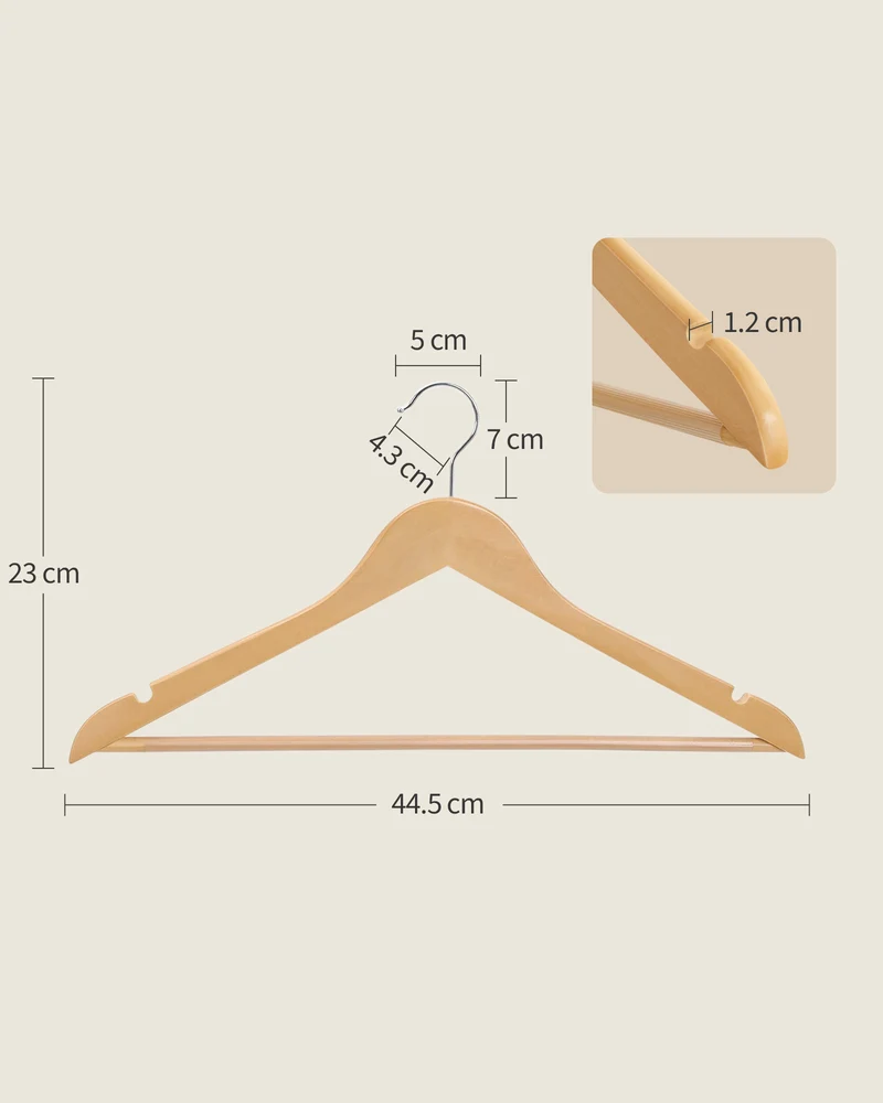 Solid Wood Hangers, 20-Pack Coat Hangers with Shoulder Notches, Pants Bar, 360° Swivel Hook, Non-Slip for Jackets, Shirts, Dresses, Natural