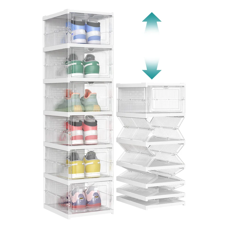 Foldable Shoe Boxes, Pack of 6 Stackable Shoe Storage Organizer, Integrated Shoe Cabinet, Portable, Fit up to US size 13, 60s Assembly, Transparent and Cloud White