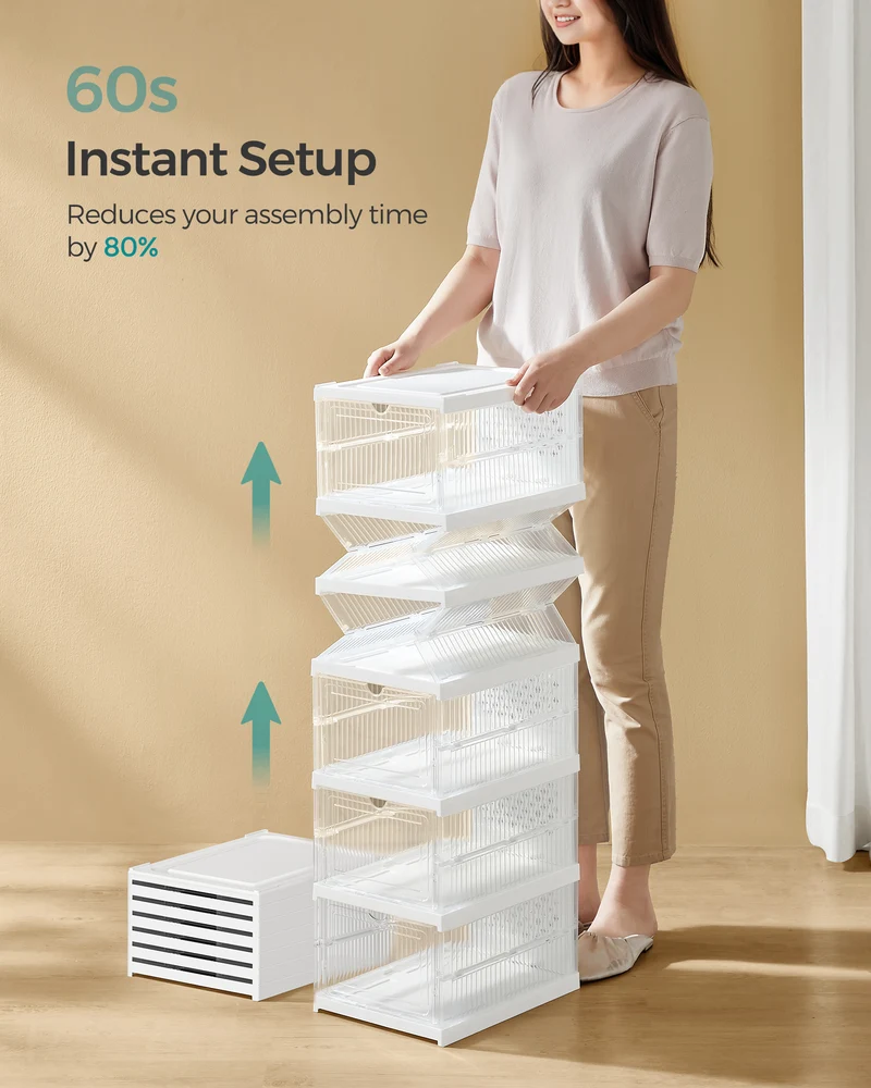Foldable Shoe Boxes, Pack of 6 Stackable Shoe Storage Organizer, Integrated Shoe Cabinet, Portable, Fit up to US size 13, 60s Assembly, Transparent and Cloud White