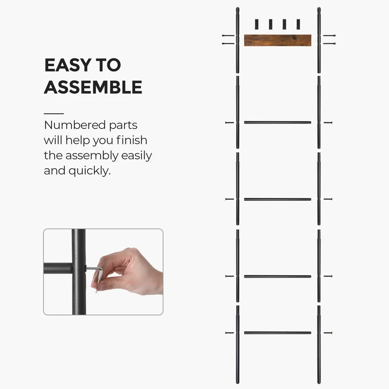 Blanket Ladder, 5-Tier Ladder Shelf, Decorative Ladder with 4 Removable Hooks, Metal Frame, Industrial Style, Rustic Brown and Black