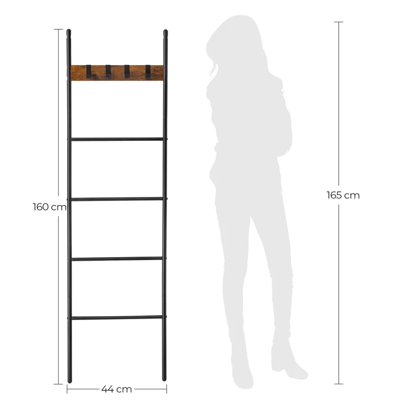 Blanket Ladder, 5-Tier Ladder Shelf, Decorative Ladder with 4 Removable Hooks, Metal Frame, Industrial Style, Rustic Brown and Black