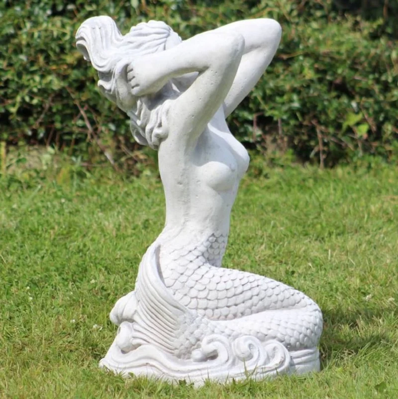Casa Padrino Jugendstil Garten Deko Skulptur Meerjungfrau Grau 35 x 32 x H. 57 cm - Elegante Garten Deko Stein Figur - Barock & Jugendstil Garten Deko Accessoires