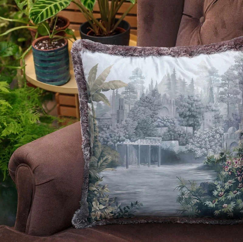 Casa Padrino Luxus Deko Kissen antike Landschaft Mehrfarbig / Grau 45 x 45 cm - Bedrucktes Samt Kissen mit Fransen - Luxus Deko Accessoires