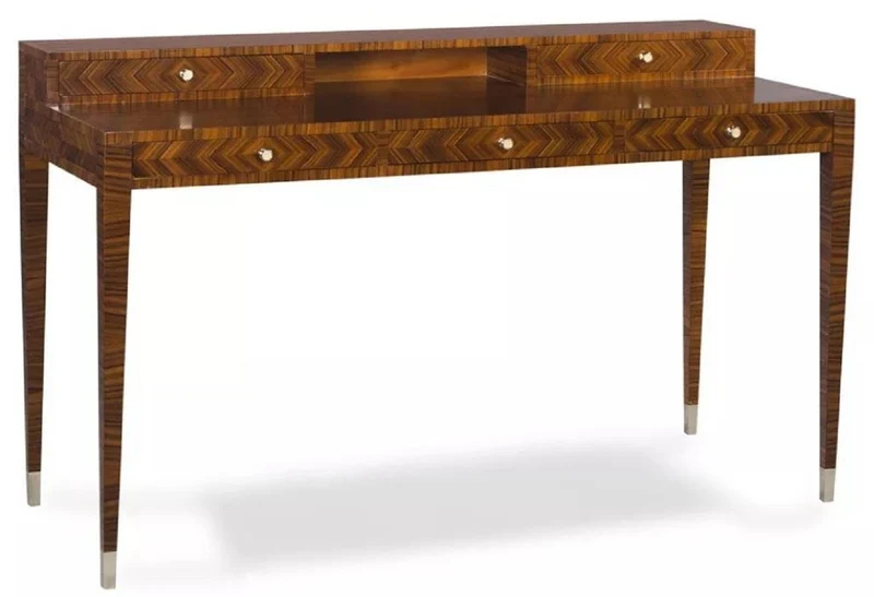 Casa Padrino Luxus Art Deco Schreibtisch mit 5 Schubladen Braun / Silber 140 x 55 x H. 86 cm - Massivholz Bürotisch - Büro Möbel - Art Deco Möbel - Luxus Möbel