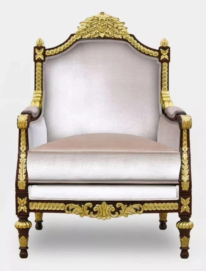 Casa Padrino Luxus Barock Wohnzimmer Sessel Grau / Dunkelbraun / Gold - Handgefertigter Barockstil Sessel - Luxus Wohnzimmer Möbel im Barockstil - Barock Möbel - Edel & Prunkvoll