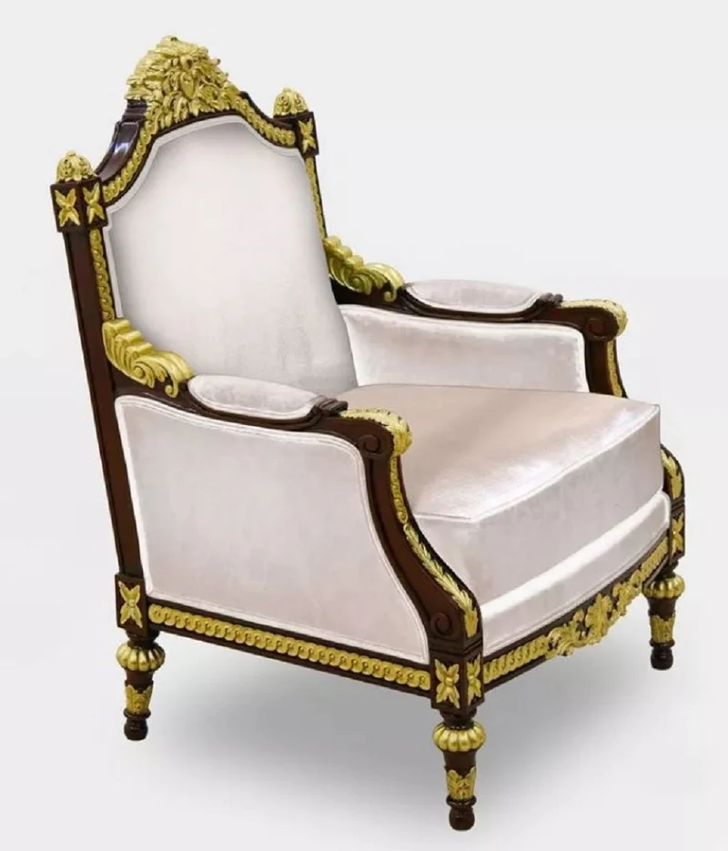 Casa Padrino Luxus Barock Wohnzimmer Sessel Grau / Dunkelbraun / Gold - Handgefertigter Barockstil Sessel - Luxus Wohnzimmer Möbel im Barockstil - Barock Möbel - Edel & Prunkvoll