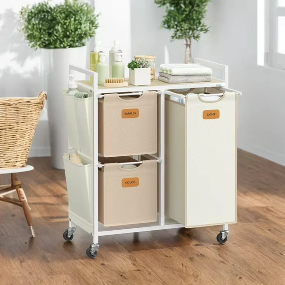 LEDREM 3-Compartment Rolling Laundry Hamper - 26.4 Gal with Removable Liners, 6 Labels, Side Pockets & Locking Wheels - Natural Beige, Camel Brown, Cream White