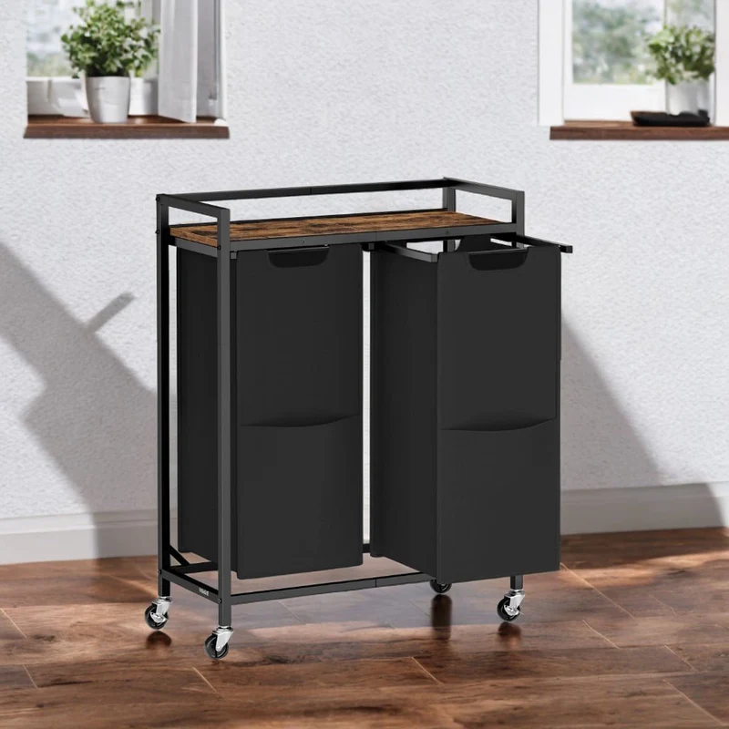 LEDREM 2-Compartment Rolling Laundry Sorter, 29 Gallon Capacity with Shelf & Removable Bags, Steel Frame, Ink Black and Rustic Brown