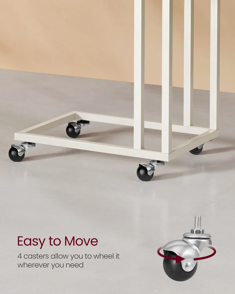 End Table, C Shaped TV Tray with Metal Frame Rolling Casters for Coffee Laptop Mobile Tablet, Industrial Side Table for Living Room Bedroom, 19.7 x 13.8 x 23.6 Inches, Cream White