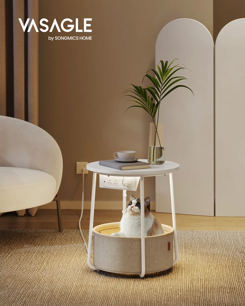 Side Table with Charging Station, Round End Table with Fabric Basket, LED Nightstand with Power Outlets, USB Ports, for Living Room, Bedroom, Modern, Matte White and Camel Brown
