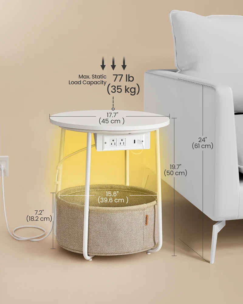 Side Table with Charging Station, Round End Table with Fabric Basket, LED Nightstand with Power Outlets, USB Ports, for Living Room, Bedroom, Modern, Matte White and Camel Brown