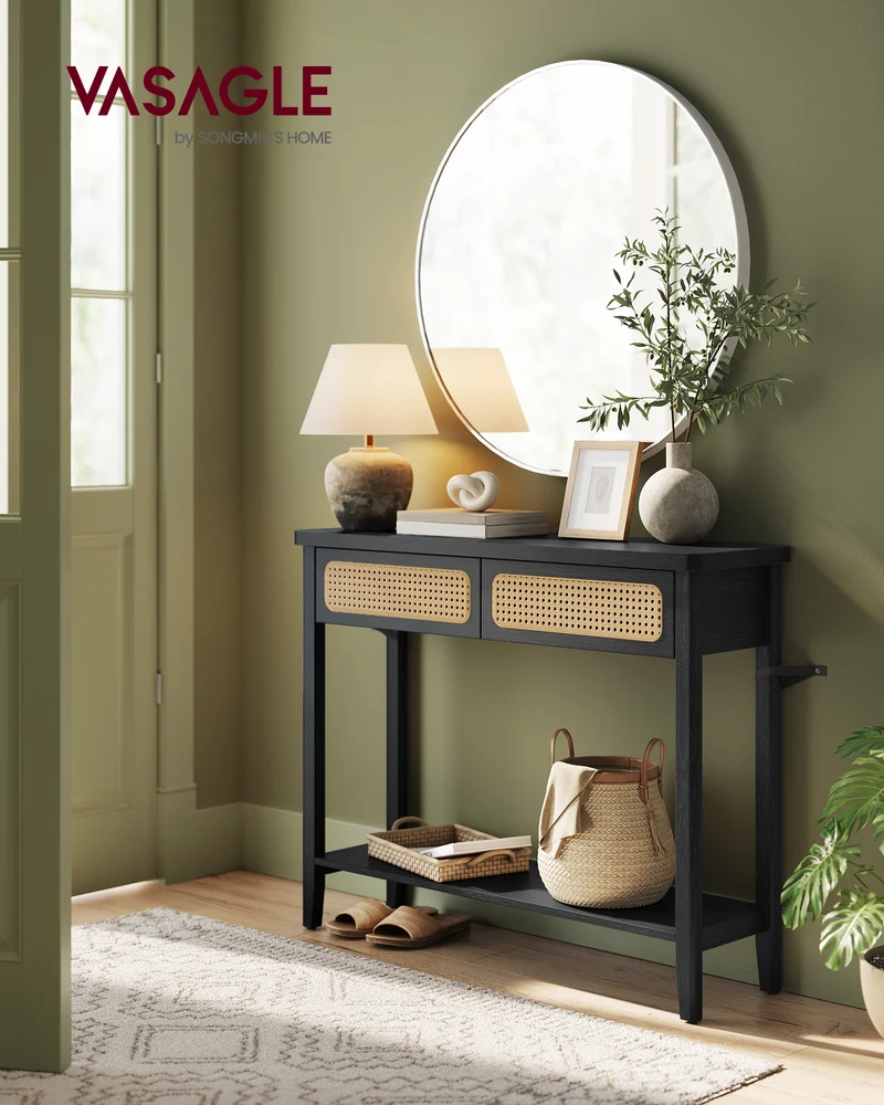 Console Table, Sofa Table, Narrow Entryway Table with 2 Drawers, Open Storage Shelf, Rounded Corners, for Living Room, Boho Style, Ash Black