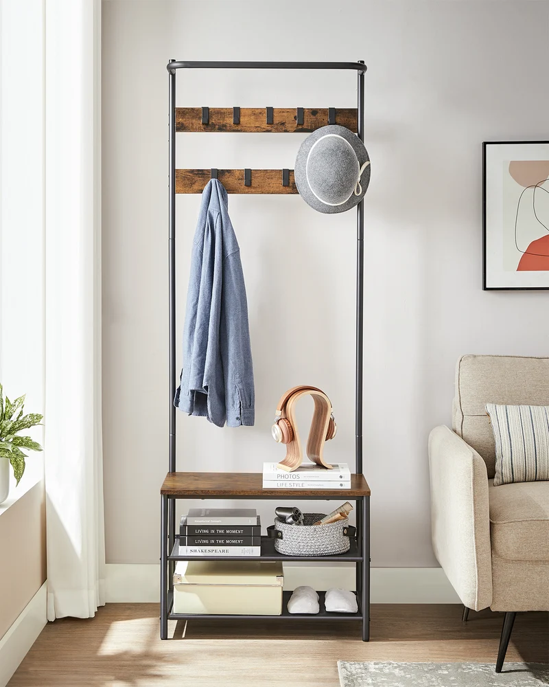 Hall Tree with Bench and Shoe Storage, Entryway Bench with Coat Rack Stand and Shoe Rack, 9 Movable Hooks, Top Bar, Fabric Shelves, Industrial, Rustic Brown and Black