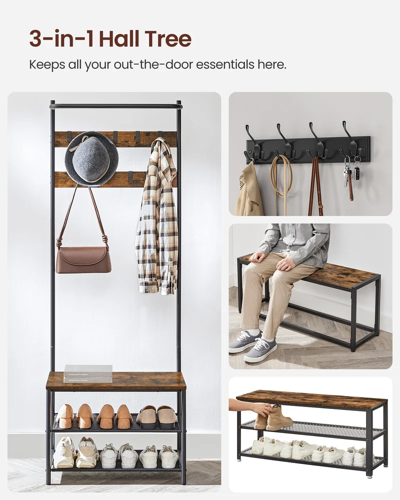Hall Tree with Bench and Shoe Storage, Entryway Bench with Coat Rack Stand and Shoe Rack, 9 Movable Hooks, Top Bar, Fabric Shelves, Industrial, Rustic Brown and Black