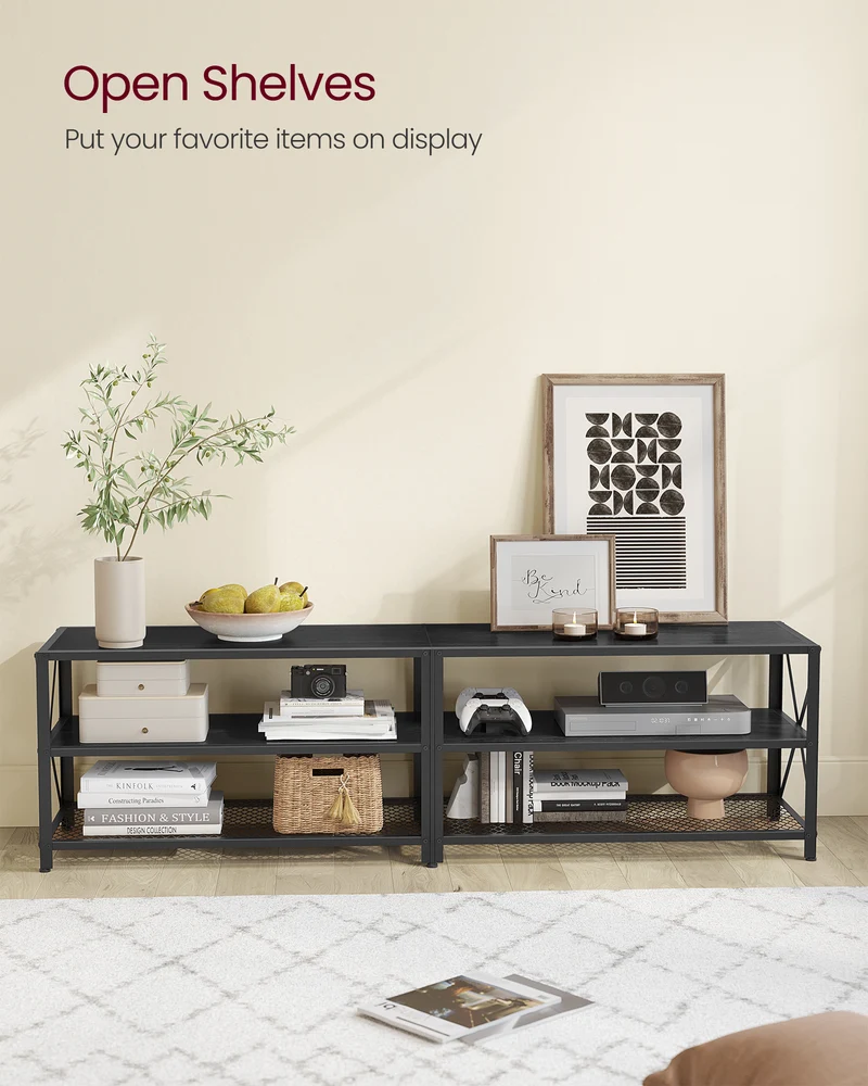 TV Stand, TV Console for TVs Up to 75 Inches, TV Table, 70.1 Inches Width, TV Cabinet with Storage Shelves, Steel Frame, for Living Room, Bedroom, Black with Wood Grain