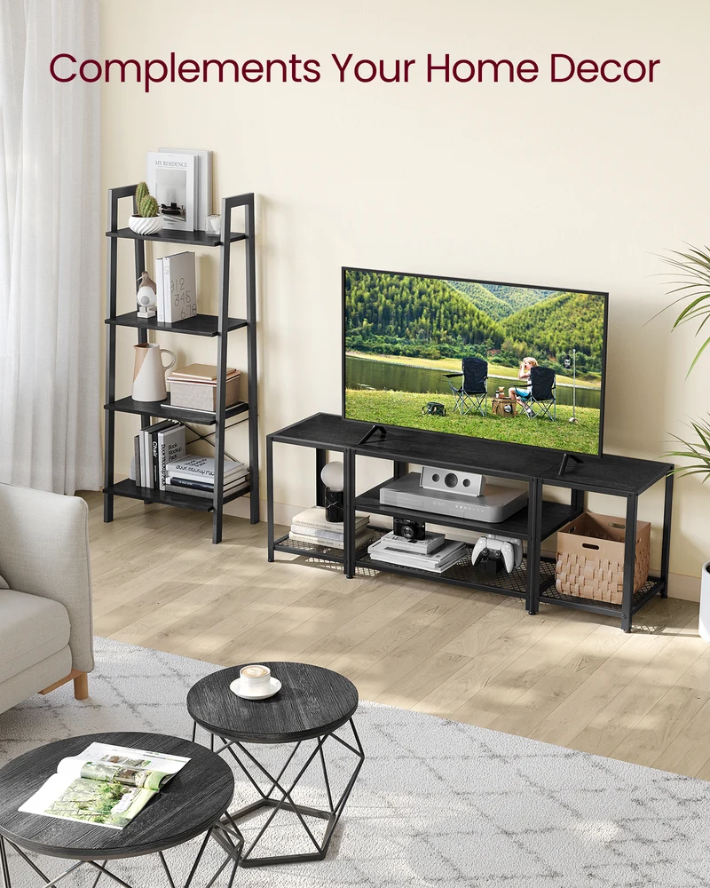 Modern TV Stand for TVs up to 65 Inches, 3-Tier Entertainment Center, Industrial TV Console Table with Open Storage Shelves, for Living Room, Bedroom, Black with Wood Grain