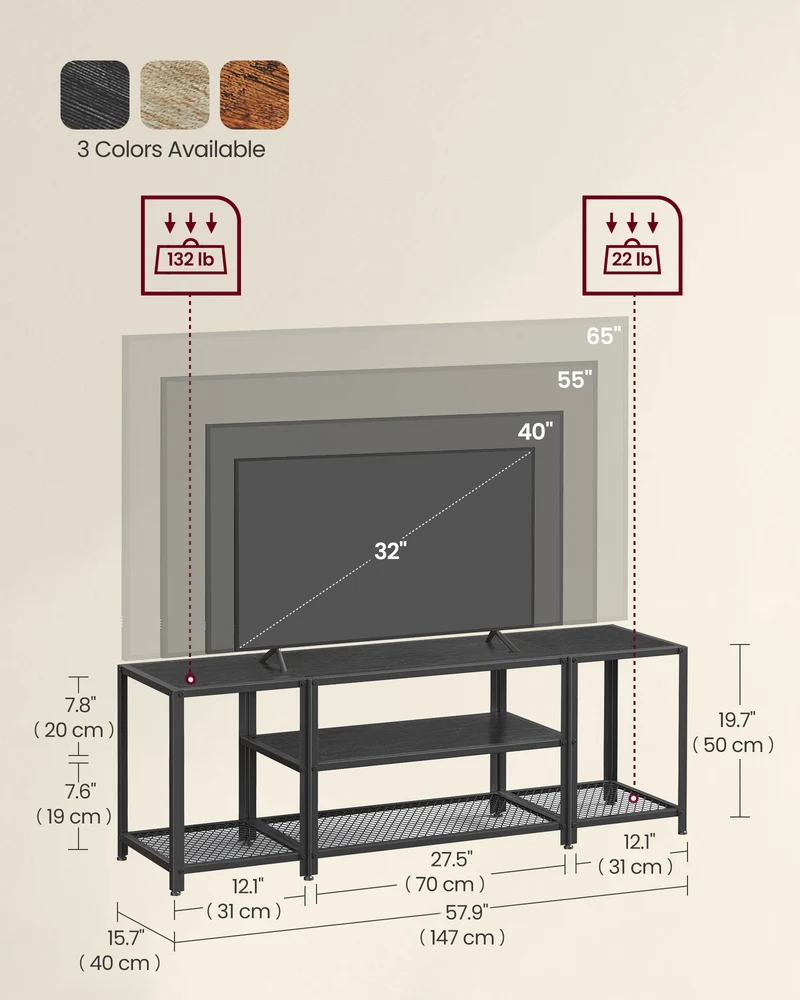 Modern TV Stand for TVs up to 65 Inches, 3-Tier Entertainment Center, Industrial TV Console Table with Open Storage Shelves, for Living Room, Bedroom, Black with Wood Grain