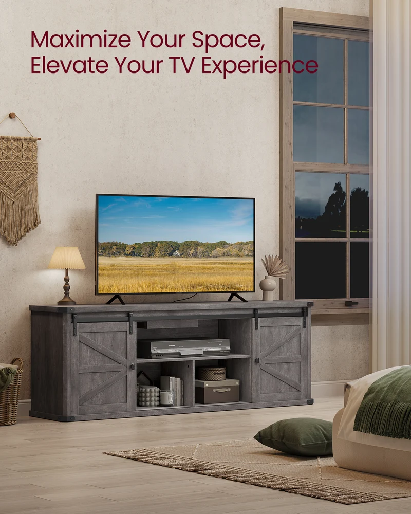 TV Stand for TVs up to 75 Inches, Farmhouse Entertainment Center with Sliding Barn Doors, TV Console Table for Living Room, Misty Gray