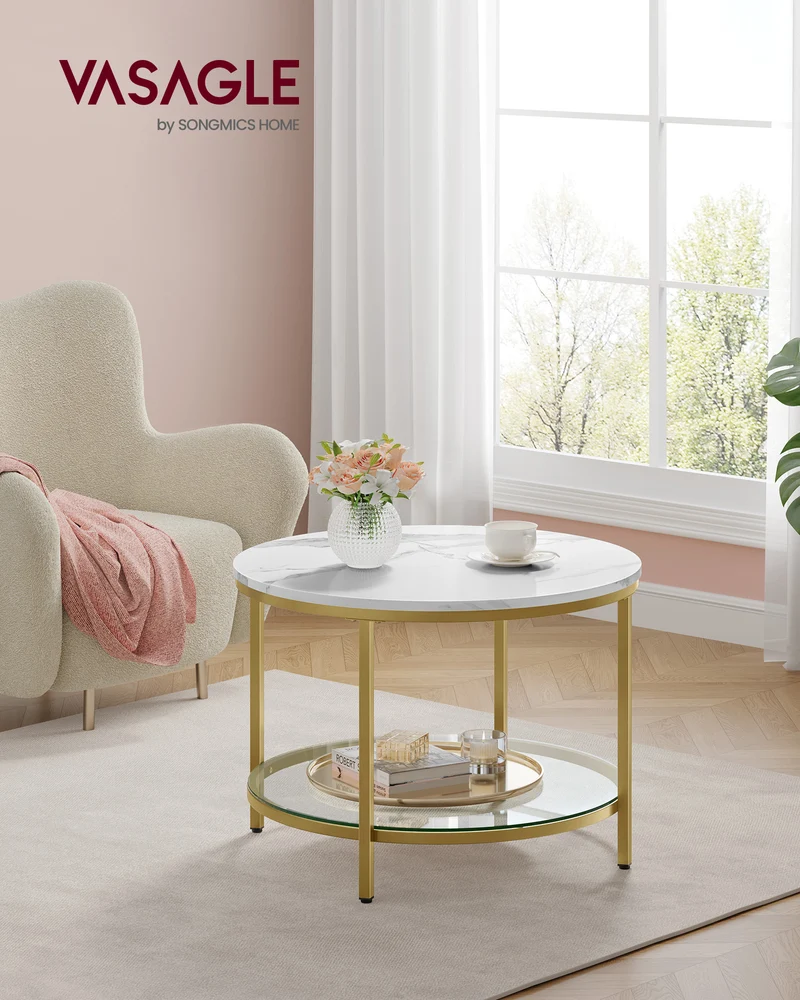 Round Coffee Table, 2-Tier Small Coffee Table with Faux Marble Top and Glass Shelf, Modern Style, for Living Room, 25.6 x 25.6 x 18.1 Inches, Marble White and Pale Gold