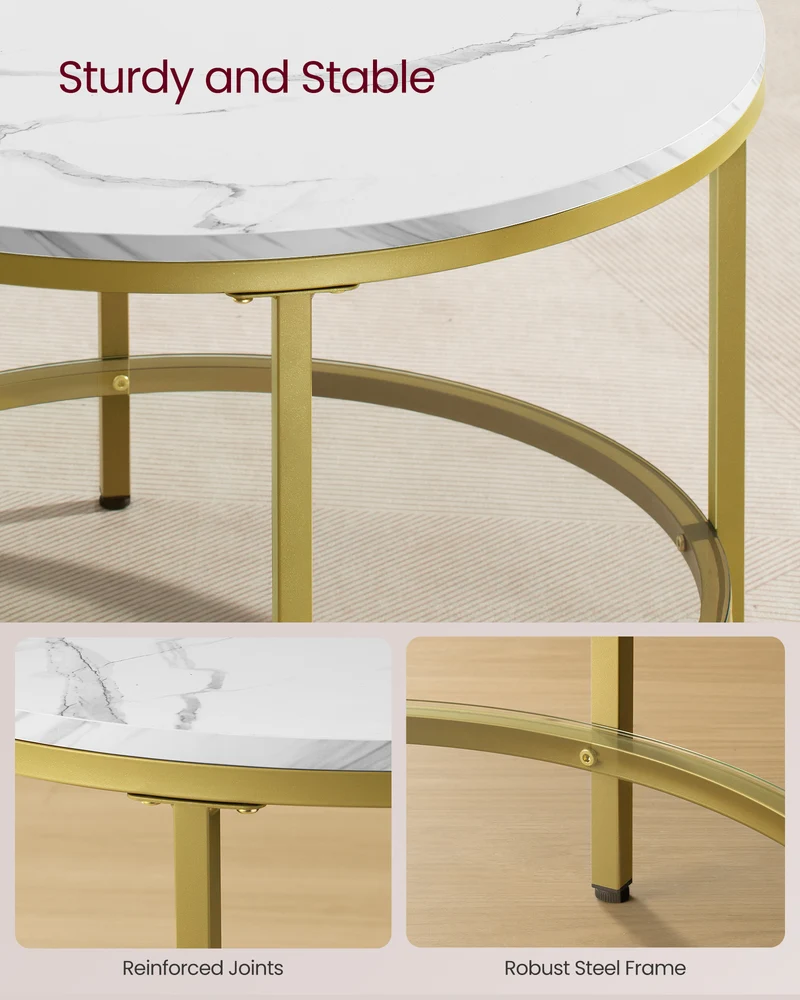 Round Coffee Table, 2-Tier Small Coffee Table with Faux Marble Top and Glass Shelf, Modern Style, for Living Room, 25.6 x 25.6 x 18.1 Inches, Marble White and Pale Gold