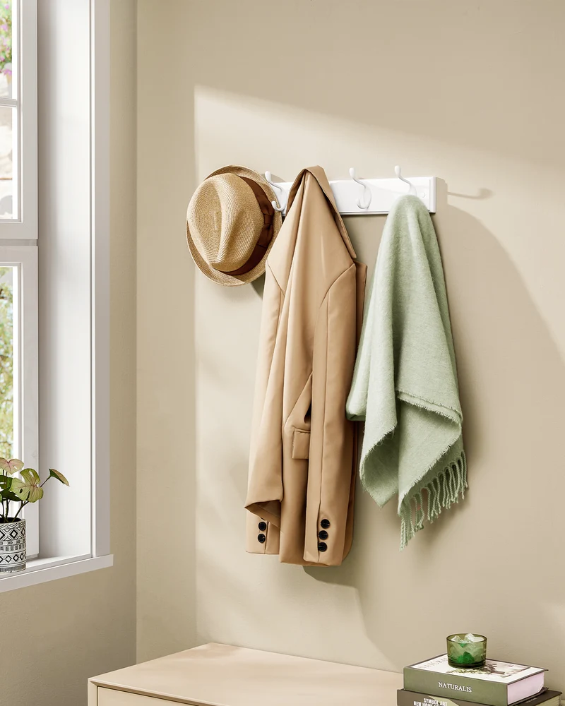 Wall-Mounted Coat Rack, Hook Rack, 5 Dual Metal Hooks, for Coats, Bags, Keys, in The Entryway, Bedroom, Living Room, White