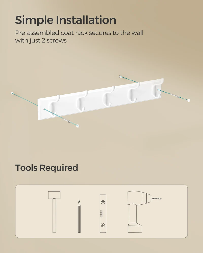 Wall-Mounted Coat Rack, Hook Rack, 5 Dual Metal Hooks, for Coats, Bags, Keys, in The Entryway, Bedroom, Living Room, White