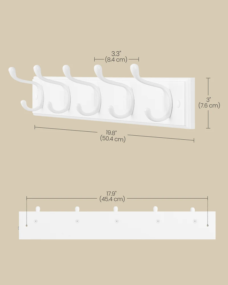 Wall-Mounted Coat Rack, Hook Rack, 5 Dual Metal Hooks, for Coats, Bags, Keys, in The Entryway, Bedroom, Living Room, White