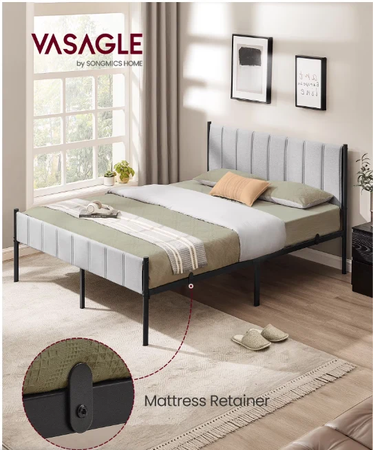 Queen Size Upholstered Bed Frame with Footboard, 1100 lb Capacity, Steel Slats, No Box Spring, Easy Assembly, Modern Minimalist, Dove Gray