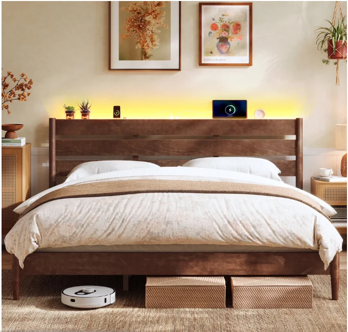 King Bed Frame with LED Headboard & Charging Station, Mid-Century Modern Design, Solid Wood Support, No Box Spring Needed, Coffee Brown