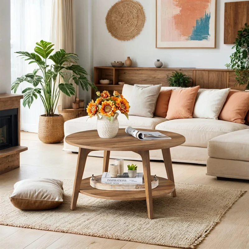 Round Coffee Table, 2-Tier Center Table with Storage, Tapered Legs