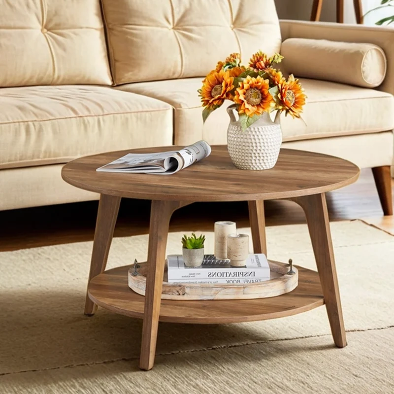 Round Coffee Table, 2-Tier Center Table with Storage, Tapered Legs