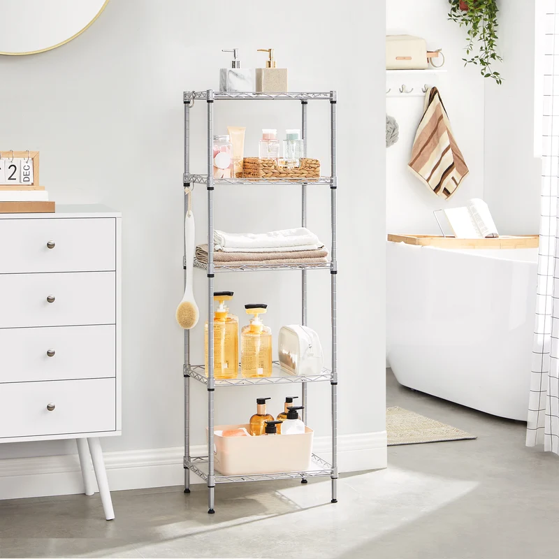 5-Tier Storage Shelves, Wire Shelving Unit, Kitchen Metal Shelves, Storage Rack with Adjustable Shelves, Shelf Liners, 8 Hooks, for Garage, 11.8 x 15.7 x 47.6 Inches, Silver