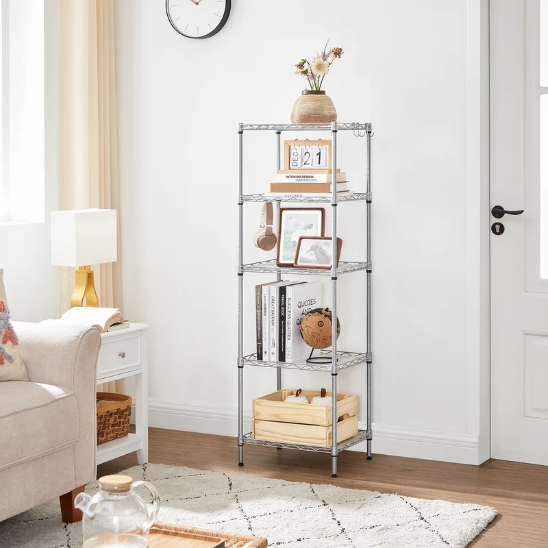 5-Tier Storage Shelves, Wire Shelving Unit, Kitchen Metal Shelves, Storage Rack with Adjustable Shelves, Shelf Liners, 8 Hooks, for Garage, 11.8 x 15.7 x 47.6 Inches, Silver