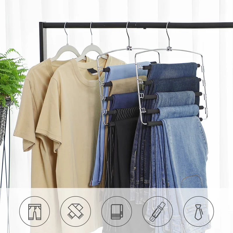 Pants Hangers, Set of 3, 5 Tiers Non-Slip Skirt Hangers, Space Saving Pants Organizers, for Closet, Silver and Black