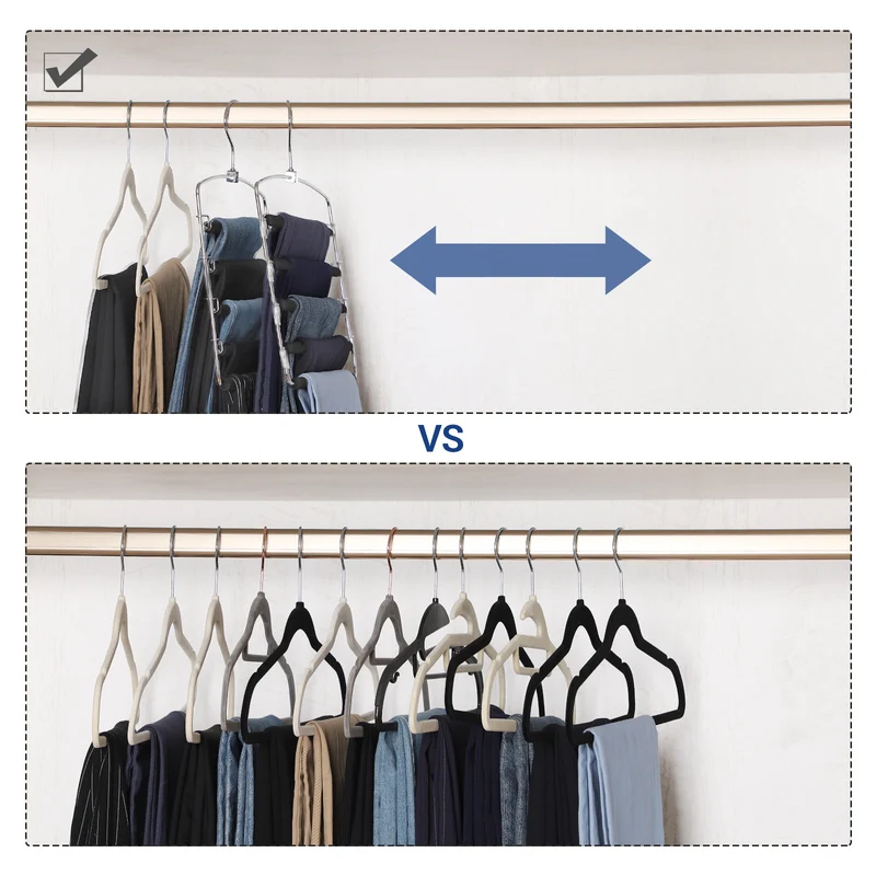 Pants Hangers, Set of 3, 5 Tiers Non-Slip Skirt Hangers, Space Saving Pants Organizers, for Closet, Silver and Black