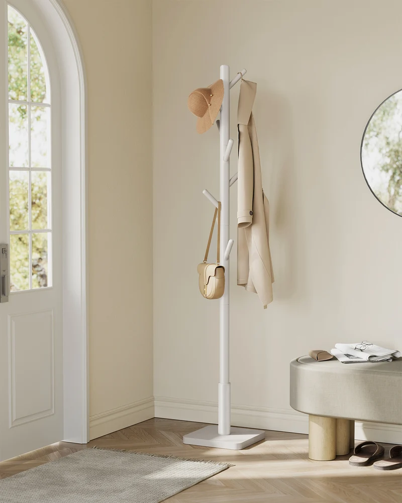 Solid Wood Coat Rack, Free Standing Hall Coat Tree with 8 Hooks, 3 Height Options, for Coats, Hats, Bags, Purses, for Entryway, Hallway, Rubberwood Hooks and Pole, Cappuccino Beige