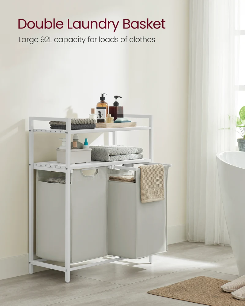 Laundry Hamper, Laundry Basket, Laundry Sorter with 2 Pull-Out and Removable Bags, 2 Shelves, 12.1 Gal (46L) Capacity per Bag, for Laundry Room, White