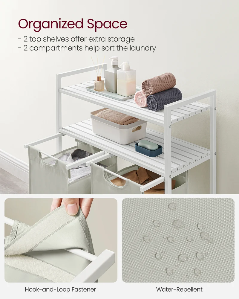 Laundry Hamper, Laundry Basket, Laundry Sorter with 2 Pull-Out and Removable Bags, 2 Shelves, 12.1 Gal (46L) Capacity per Bag, for Laundry Room, White