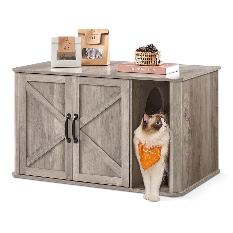 Litter Box Enclosure, Modern Cat Litter Box Furniture Hidden, with Front Entry, Double Doors